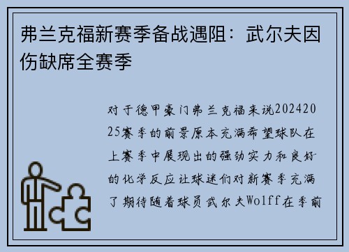 弗兰克福新赛季备战遇阻：武尔夫因伤缺席全赛季